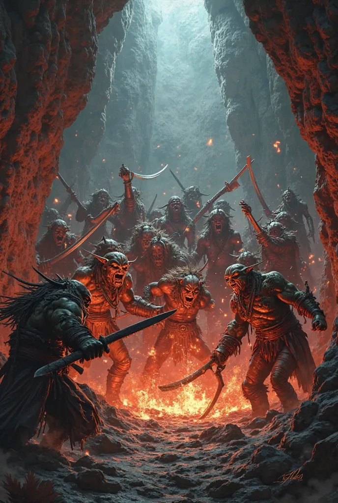 In a cave, goblins and orcs are fighting with each other with different kinds of swords, fire is ignited in the cave and illuminating the cave with red light.