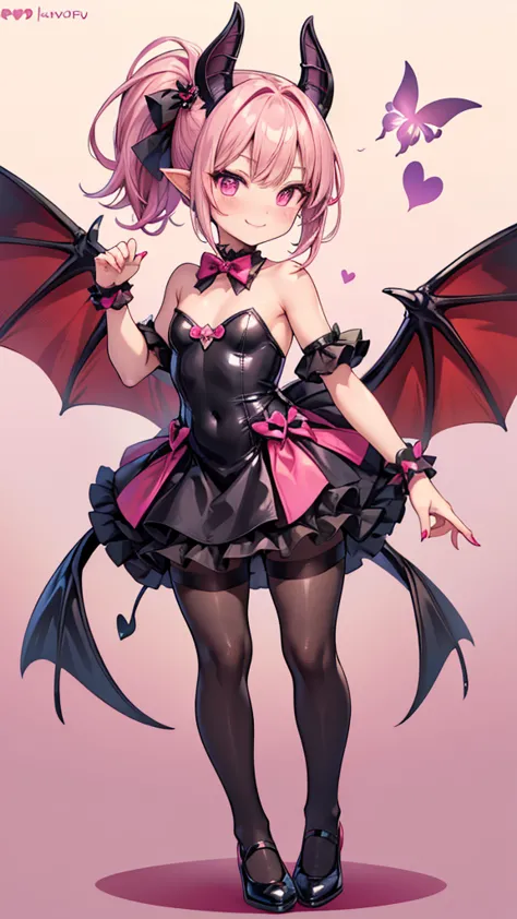 (masterpiece, best quality, ultra-detailed), succubus child, characteristic, playful & sweet, hair color, candy pink, hairstyle, m-shaped bangs, twin ponytail, hair length, short hair, eyes color, ruby red, eyes type, round eyes, ears type, fruit bat ears,...