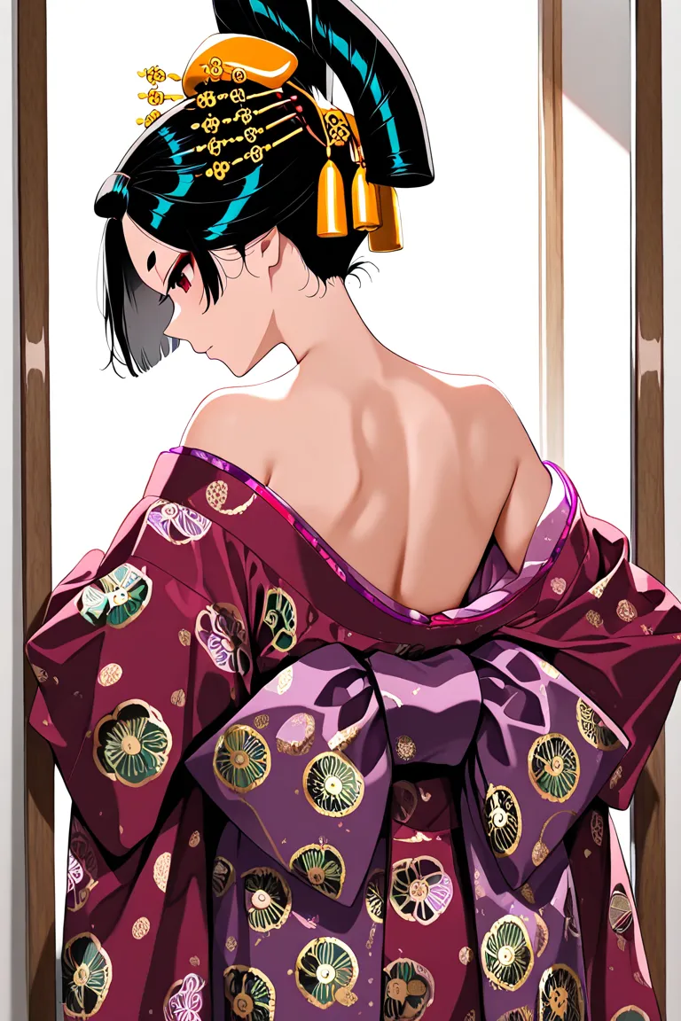 white background, masterpiece, top quality, one Oiran, solo, black hair, preparing for oiran dochu, adjusting kimono, looking at mirror