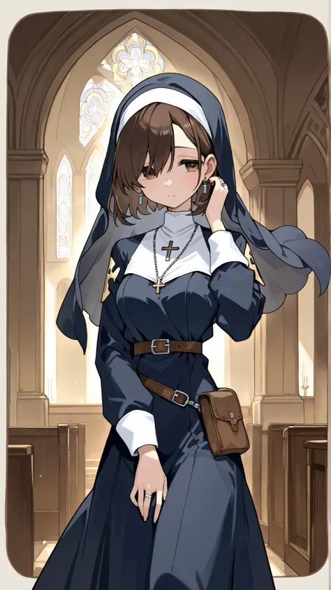 Female clergyman hairstyle is dark brown short bob loose, matte, deep dark blue monastic uniform( Long Sleeve Dress) Nun's Veil accessory, a rosary、Small earrings on the ears、ring、Slightly loose waist belt Small pouch Dagger on belt Background Church