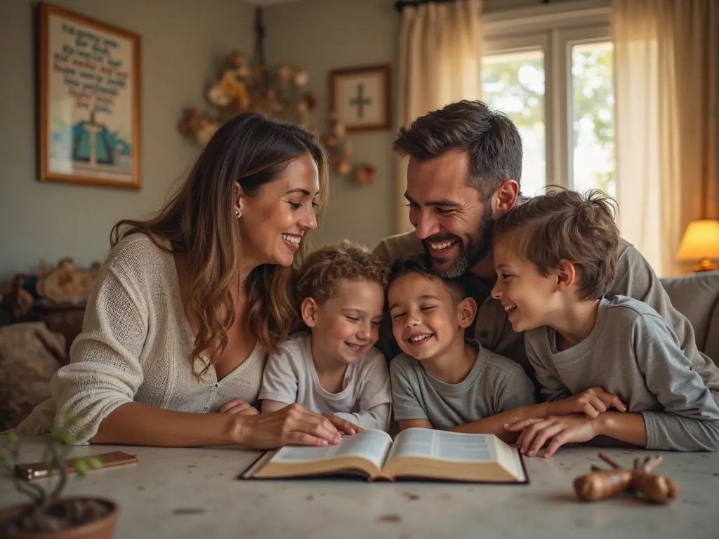 "A happy Christian family in a well-organized and cozy home. The mother, the father and his three ren ( of different ages ) are gathered in the living room, smiling and interacting with affection. The house is immaculate, well-lit,  transmitting peace and ...