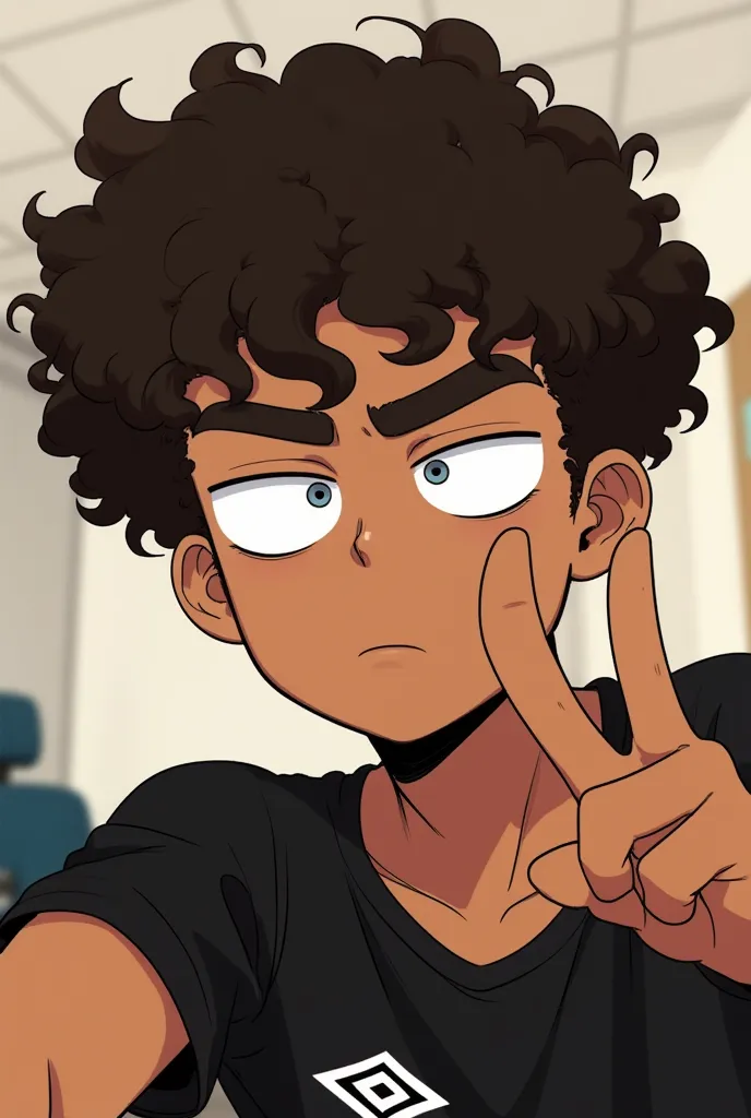 cartoon,  a young man with dark brown curly hair,  with well-defined curls .  He has brown skin and is wearing a short sleeve black t-shirt with a logo (apparently from the Umbro brand) visible on the chest .  He is making a gesture with his right hand, wi...