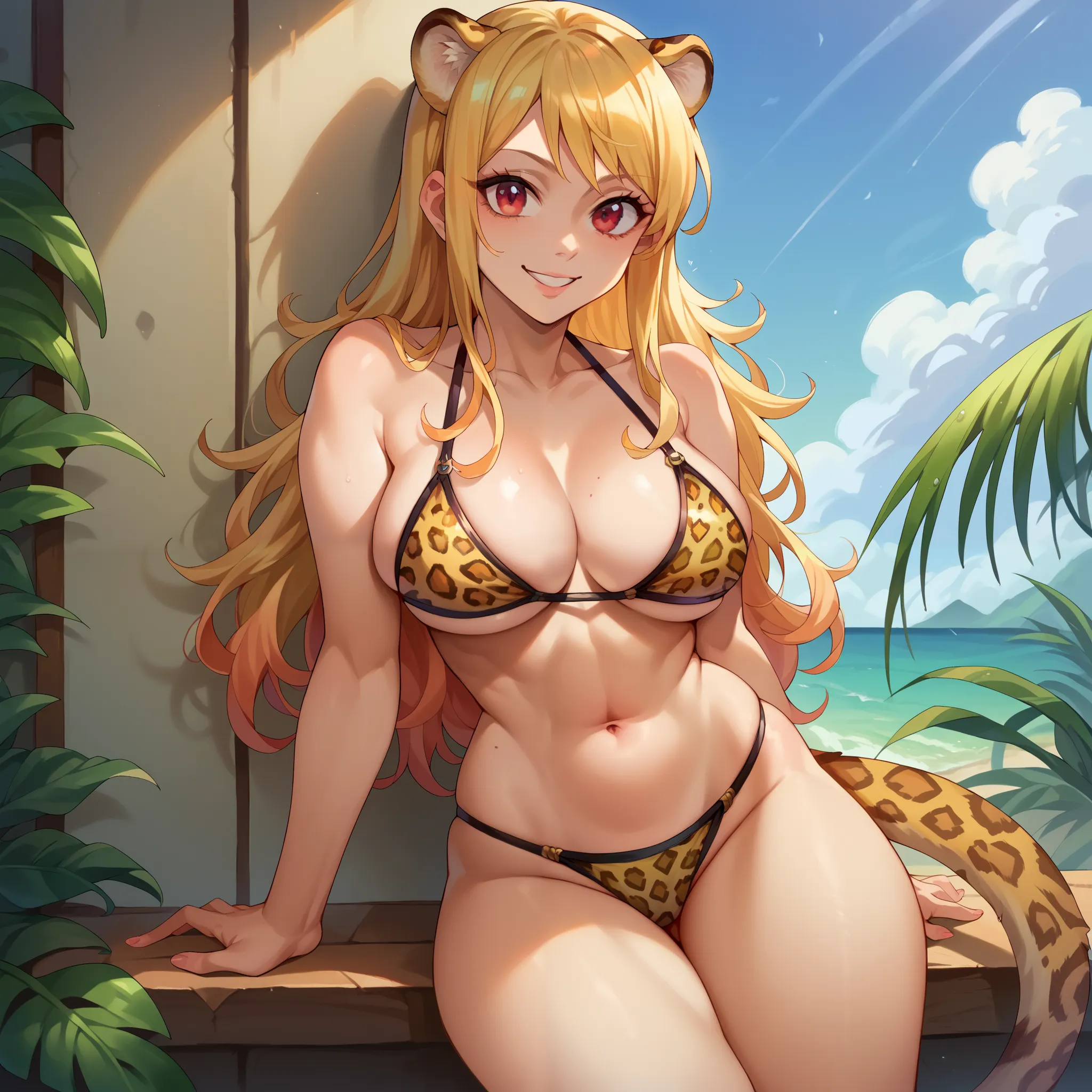 Lucy Heartfilia, Mottled blond hair, red eyes,  shiny  , long hair with leopard spots, rounded leopard ears, leopard tail,  smile , well-formed large breasts, wears a yellow leopard print bikini.  tropical beach background. 1 woman only, lonely girl.