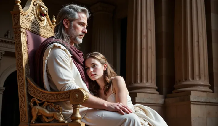 50 years old. Bearded. Long hair. Serious, thoughtful, worried. King Eurystheus, seated on his throne, deep in thought. King Eurystheus sits on his wooden throne adorned with golden lions, in Ancient Greece. He has white skin, gray hair, and appears to be ...