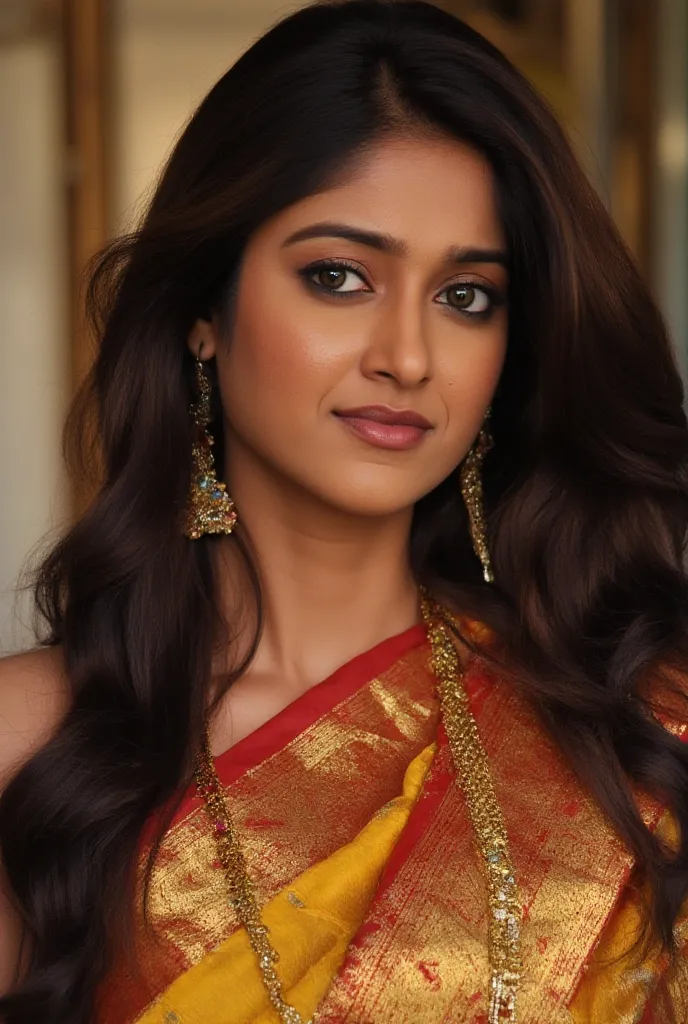 a realistic portrait of a gorgeous south indian woman standing elegantly in a traditional bridal saree, detailed facial features, elegant posture and expression, 5K, professional portrait photography, elegant south indian background, ornate traditional sar...