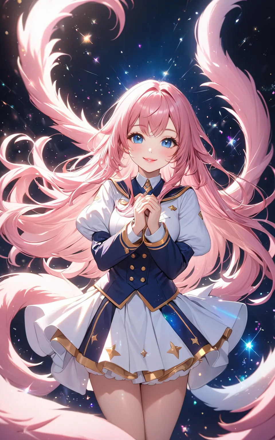 beautiful hands, (particles light:1.3), magical uniform, fluffy sleeves, spindled tails,
very cute and beautiful girl, (Pink hair:1.2), blue eyes, long hair, beautiful lips, smile, 