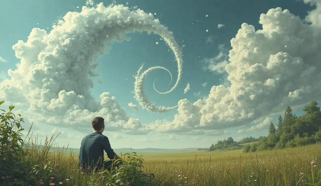 Prompt de imagem: A person sitting in an open field, looking at a sky full of clouds that form images of melting clocks, as in the work of Dalí.

