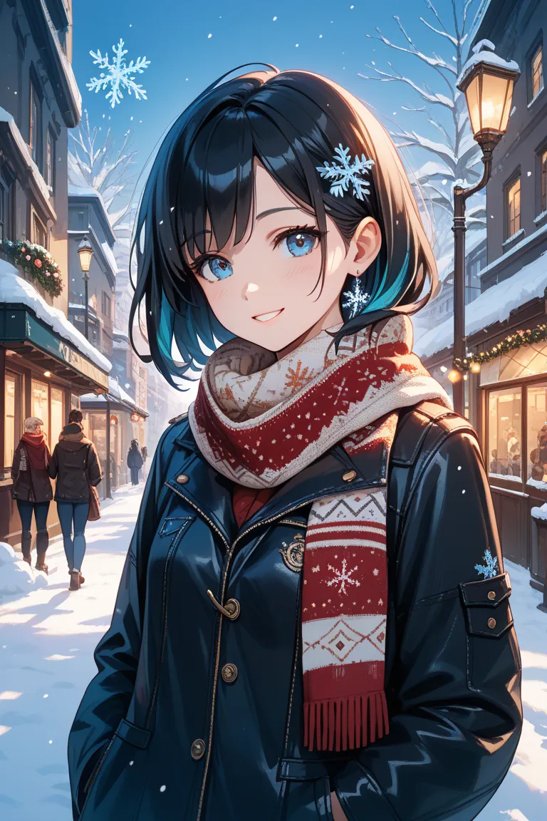 A young woman with shoulder-length black hair is facing the viewer with a slight, bashful smile. She is wearing a dark jacket and a pastel-colored scarf. The setting is a winter cityscape, with softly glowing streetlights, festive decorations, and snow-cov...