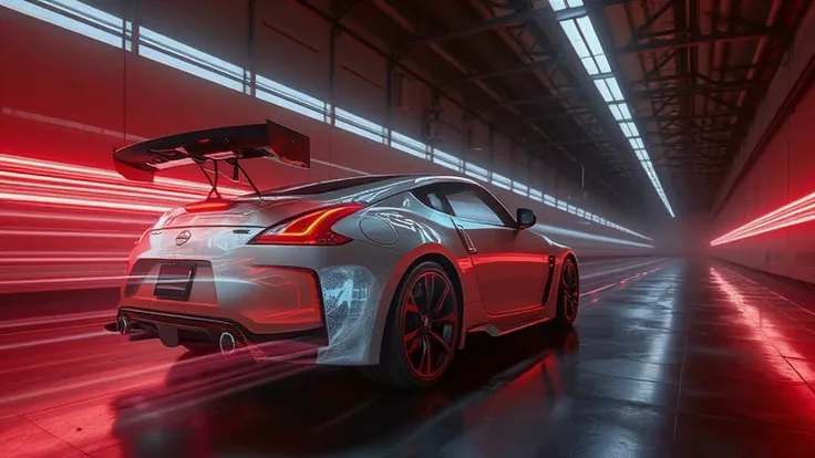 An amazing Ultra HD 8K lens,showing the 2023 Nissan Z in a wind tunnel, digitally visualizes the airflow lines around the car body. The scene highlights the car's advanced aerodynamics and engineering excellence.  
