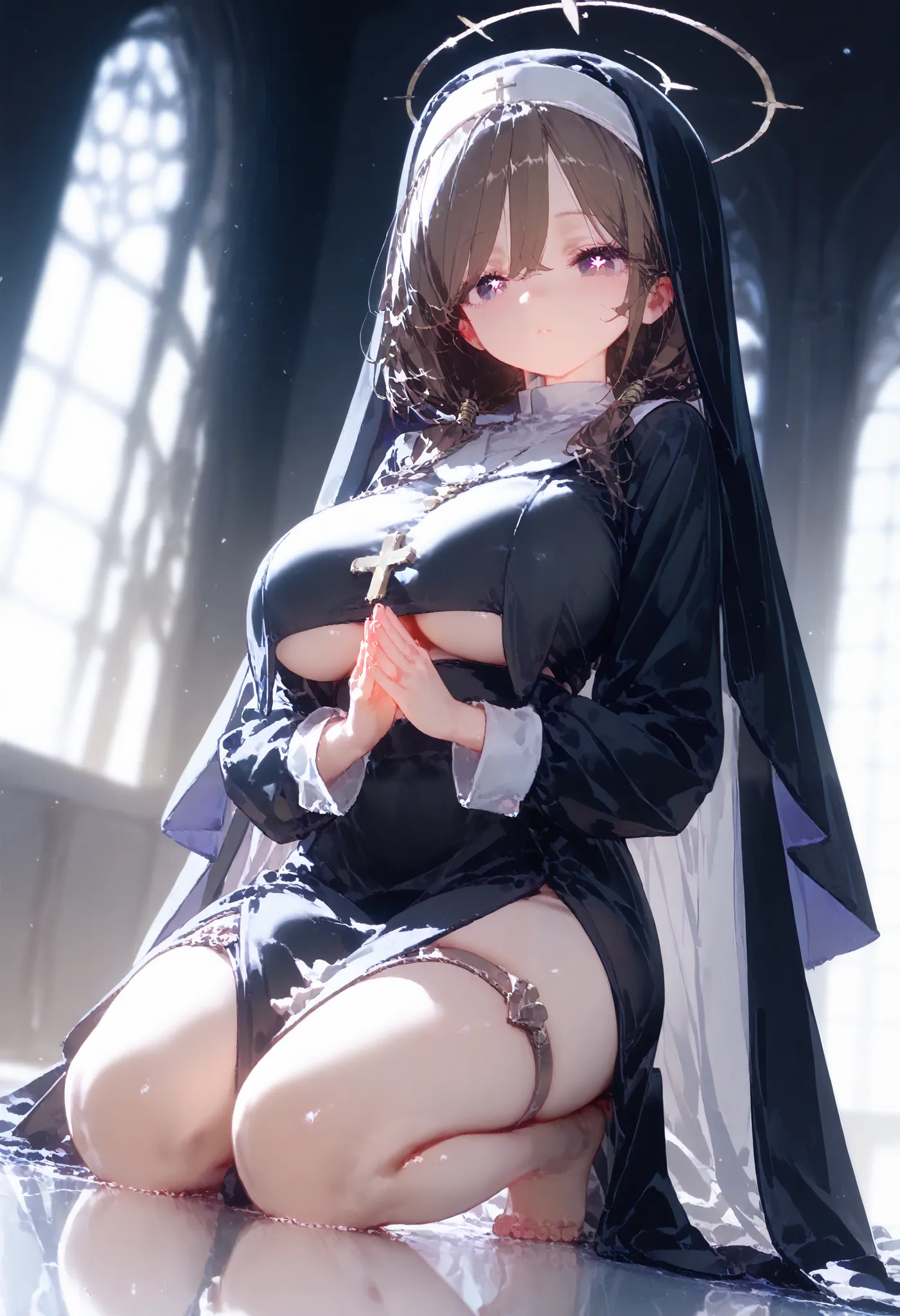 girl, cute, (masterpiece), very detailed eyes, expressive eyes, perfect face, very detailed face, highly detailed face, swept bangs, high quality, high resolution, big breast, lovely thighs, exposed underboobs, nun costume, short curly twintails, thigh str...