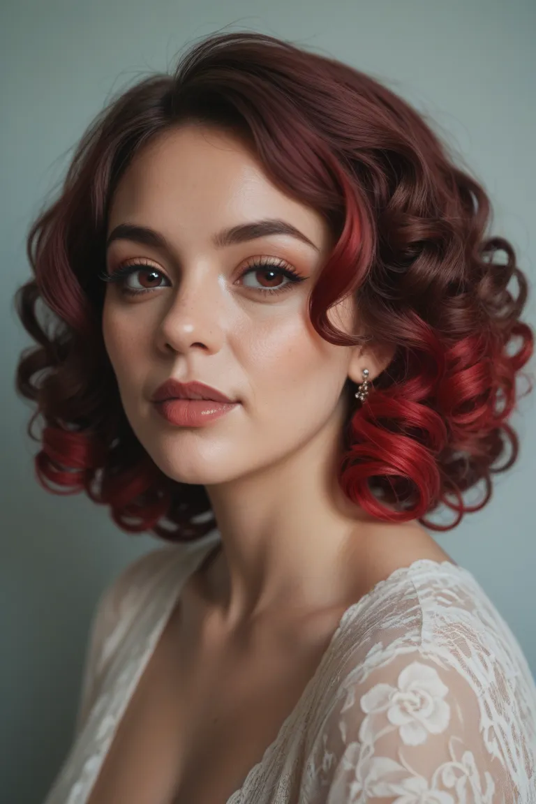 a 19-year-old woman with dark brown eyes, straight hair but with curled ends, Burgundy-colored hair, And a mouth piercing on the right side