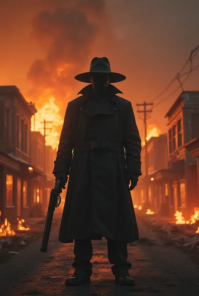 A man dressed in black with a black hat who covers his face with a black trench coat and a shotgun in one hand with a town set on fire in the background 