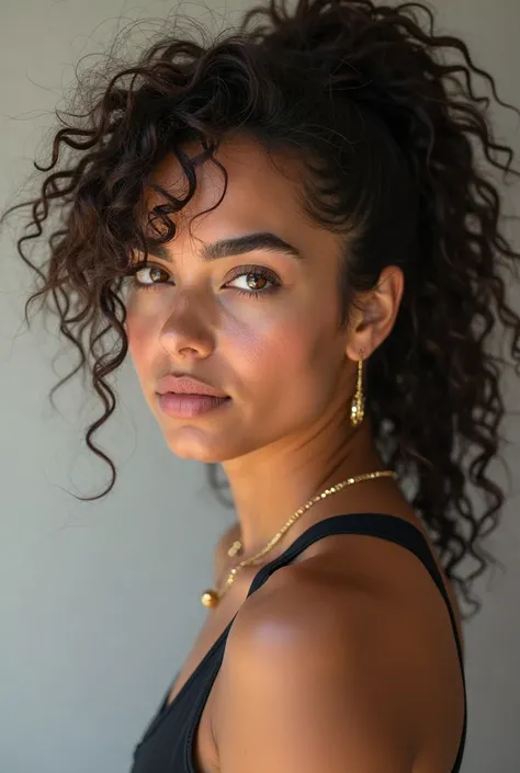 Latin woman. He has curly hair and pretty eyes. She is wearing sportswear . She has gold earrings.