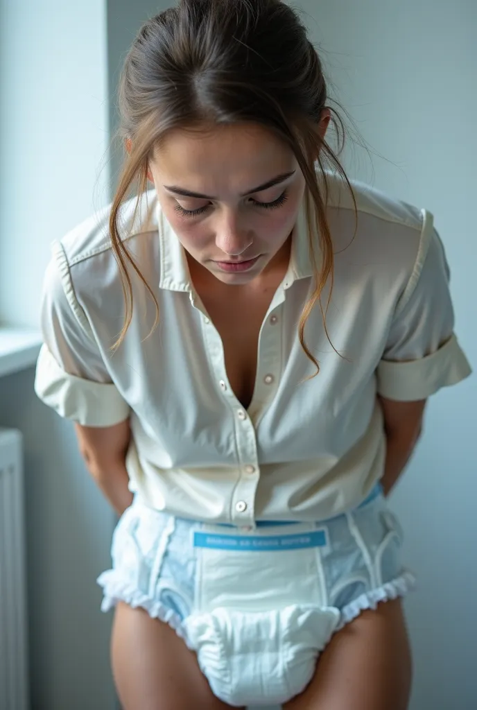 A realistic European girl is sad and embarrassed that the doctor forced her to wear plastic baby diapers for adults only