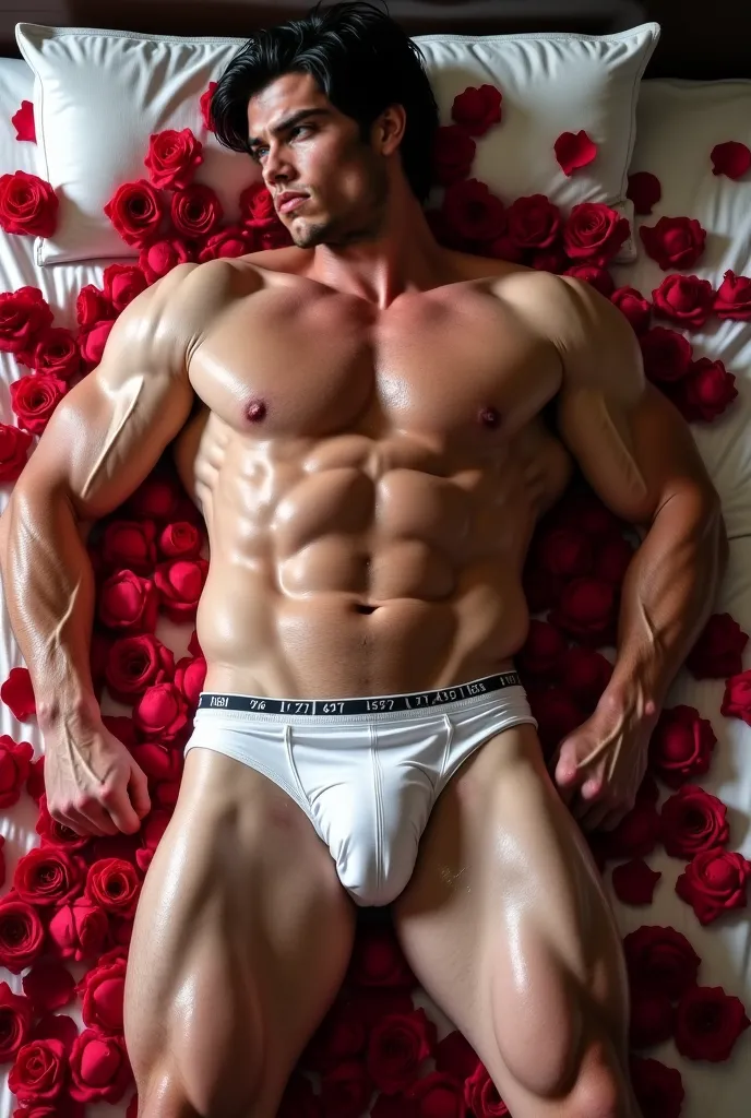 man, Realistic, black hair, very muscular, large body, strong arms,  thick arms ,  big chest, defined coastline, lying on a bed with red rose petals, Wet Henry Cavil with water flowing through him
wearing translucent, soaked white briefs that show the shap...