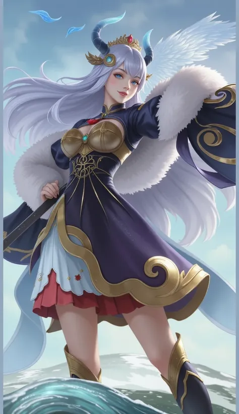 The image depicts a fantastical character with long, flowing white hair and a detailed, ornate outfit. The character is holding a sword and appears to be standing on a water-like surface with waves and a blue sky in the background. The attire includes a mi...