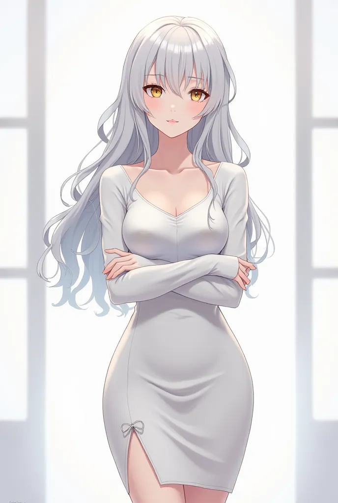 A woman in a white dress
Anime character
pencil-cut miniskirt
expressionless
White hair
long sleeve
Oshitoyaka((Character Design Sheet: 1.7,  character reference sheet : 1.7)),