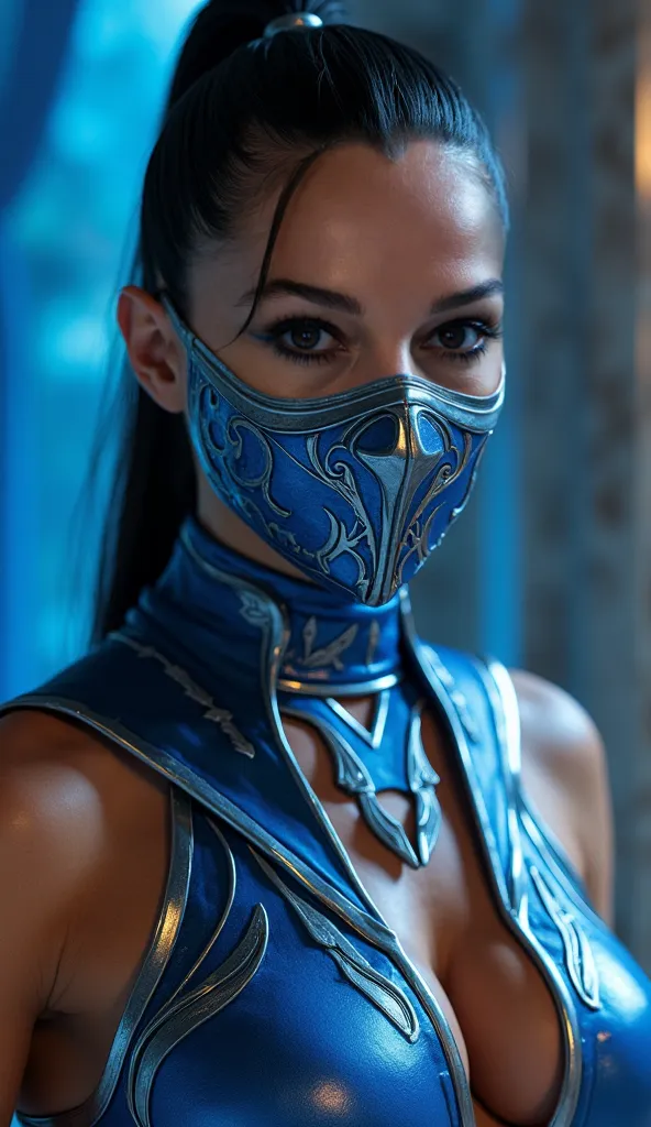 Here's a detailed prompt to generate a super realistic image of Gal Gadot as Kitana, with a shiny metal mask and details blue, focused on the upper body: "Hyper-realistic close-up of Gal Gadot as Kitana, the warrior of * mortal kombat*. She is in a gracefu...