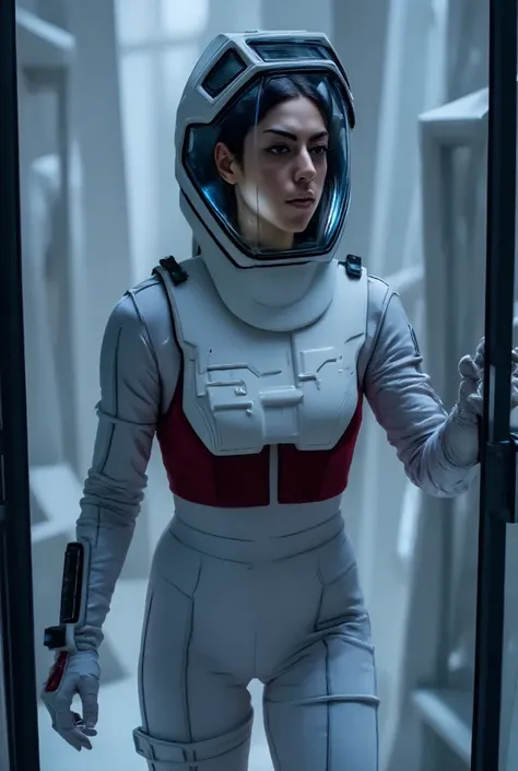 a woman tlun in house wearing FCSPAC3SUIT, "Spacesuit from First Contact" with helmet. Cold color