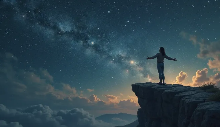 Prompt de imagem: A person standing on a cliff , with open arms and a sky full of stars in the background, symbolizing freedom and authenticity .

