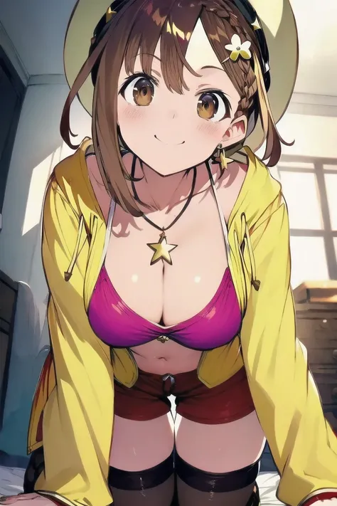 ライザリン・シュタウト,(masterpiece, best quality:1.2),2D, anime, Anime art, line art , watercolor,loli, 1 girl , chest, (large breasts),braid, (brown eyes), (brown hair), hat, jewelry, necklace, (red shorts), (reisalin stout), (short shorts), shorts, smile, solo, (s...