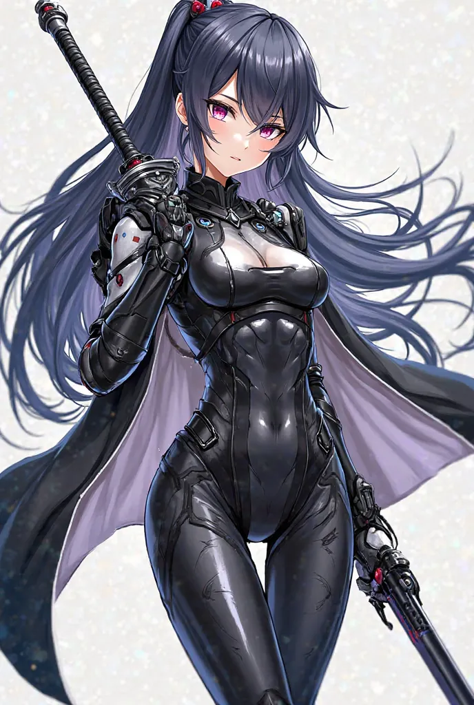 a woman in a black and white outfit holding a sword, ultra detailed female android, from arknights, girls frontline cg, biomechanical oppai, beautiful android woman, oppai cyberpunk, official character art, full - body artwork, girls frontline universe, fr...