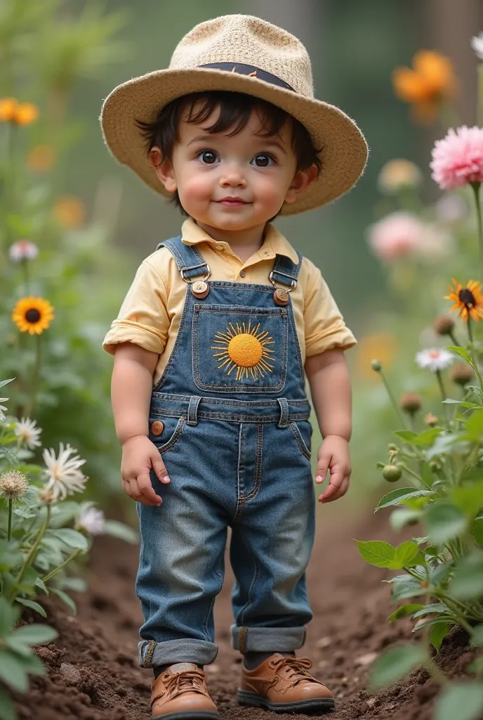 Two-year-old human boy dressed as a gardener in jeans, with an embroidered sun on the gardener's front,  Real-life photograph  