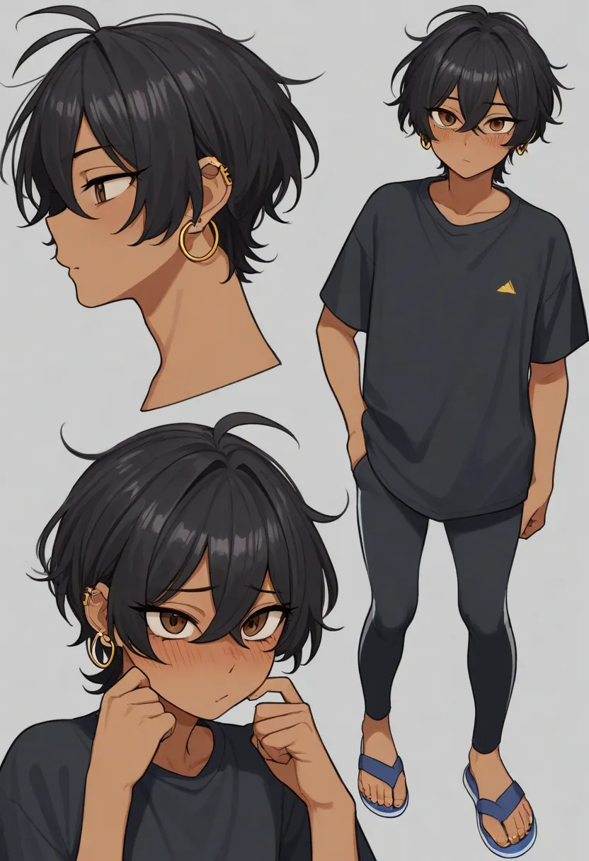 A nerdy boy with ADHD, somewhat shy and very energetic, he is cute and almost adorable, short, thin, androgynous face, brown skin, has a gold hoop piercing in both ears, shoulder-length black hair, messy hairstyle, brown eyes, long eyelashes, wears a loose...