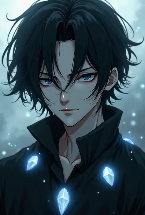 Make a man with long black hair, white skin and a hole in his shoulders like a bleach hollow., anime style 