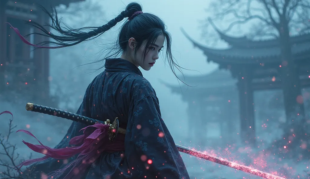 (((Powerful shadow magic))) , (((Ice storms))) , Blue light Red light, Mysterious warrior woman (Miyamoto Musashi) Wielding a Japanese sword, Dark Pink and black silk robe, most beautiful a woman , most beautiful a girl(Little), Sweet, elegant ,full body ,...