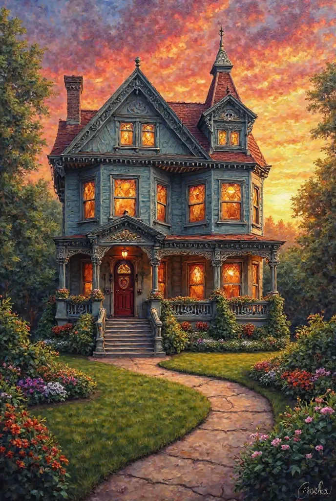 Make a SKETCH/PAINTING of a beautiful, old vintage Victorian house. Include a beautiful garden in the front and a sunset in the background. Make it a painting. And include the watermark “nola”