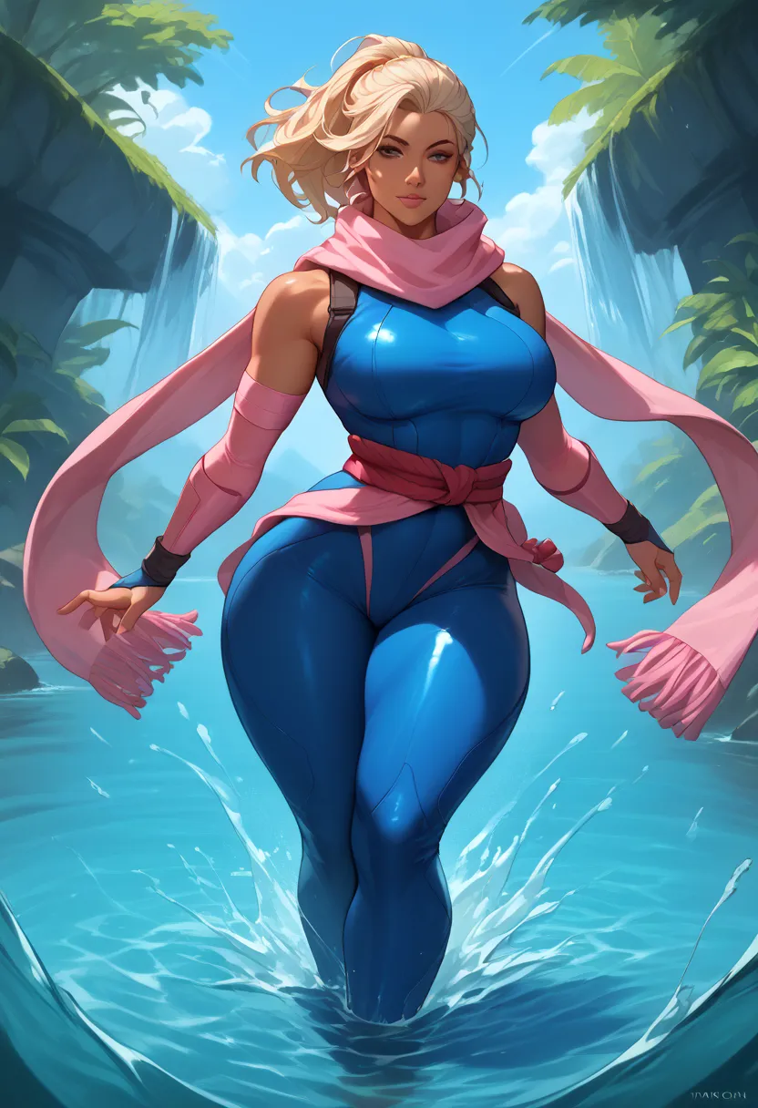 A woman in a royal blue ninja suit, pink ninja scarf, tan, thicc thighs, water, water shiruken