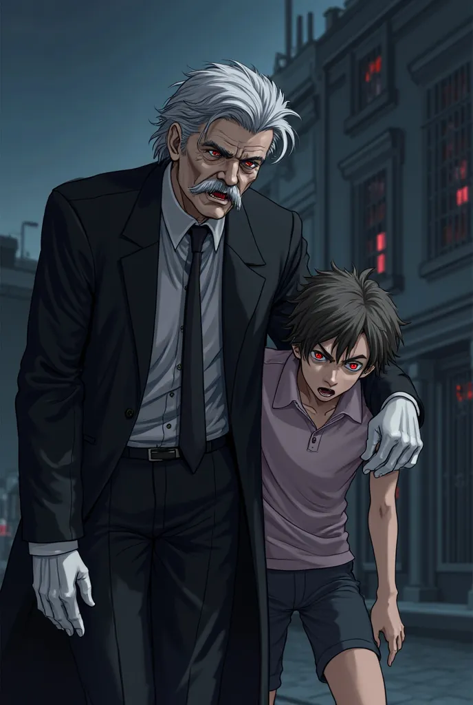 Two characters. Character 1: (old man, gray hair, mustache, fangs, red eyes, black suit, white gloves, vampire). Character 2: (young man, polo, shorts, messy hair, frightened). Character 1 haunts character 2, at night, anime.