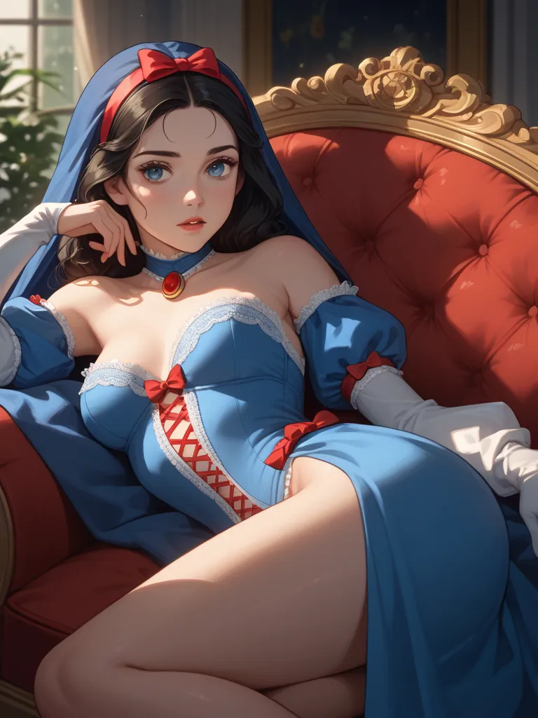 Imagine a serene and luxurious bedroom featuring Disney's Snow White. The iconic princess is reclining on a velvet bed, adorned with intricate lace details. Snow White is dressed in exquisite and delicate lingerie made from the finest black NSRA lace, reve...