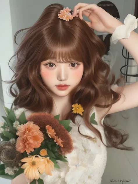 There is a woman with a flower in her hair holding a bouquet, Sakimichan, auburn hair with bangs, ulzzang,  fluffy bangs , brown long hair with bangs, curly bangs, brown hair and bangs, brown bangs, white hime cut hairstyle, brown hair and large eyes, Bang...