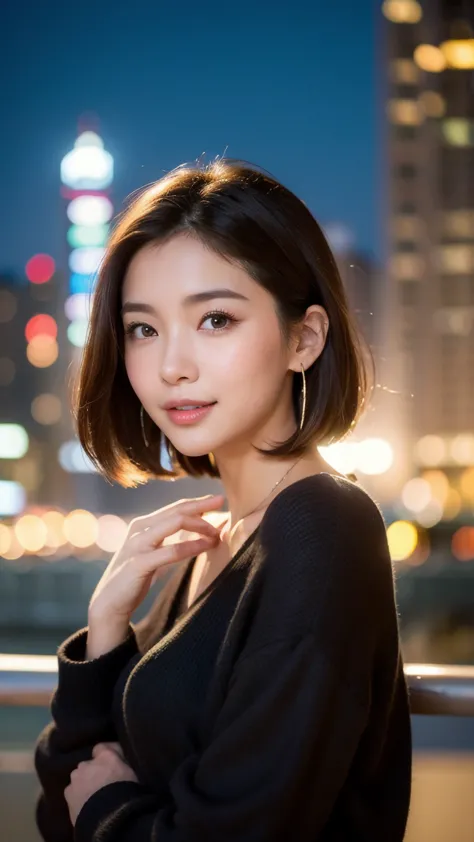 (((Face close-up)))、(((Brown, shoulder-length, straight short bob)))、(((She has the New York skyline in the background、Posing like a model at a beauty salon。.)))、(((Casual black long sleeve winter outfit)))、Half Japanese and half Korean、18-year-old girl、In...