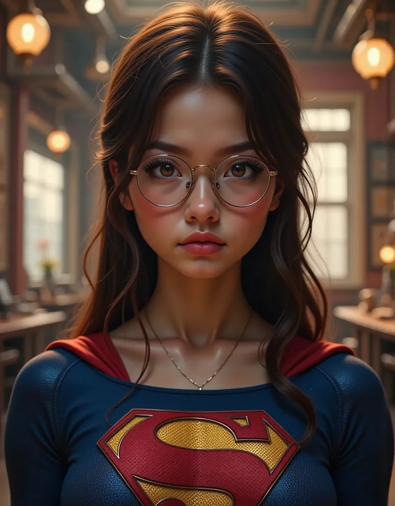 FULL TOP DOWN POV OF A CUTE AND YOUNG 18-YEAR-OLD-GIRL AS SUPERGIRL WITH BLUE ANIME EYES AND GLASSES. The dimly lit ambiance, combined with realistic shadows and warm spotlights, enhances her striking facial features and the rich textures of her SUPERGIRL ...