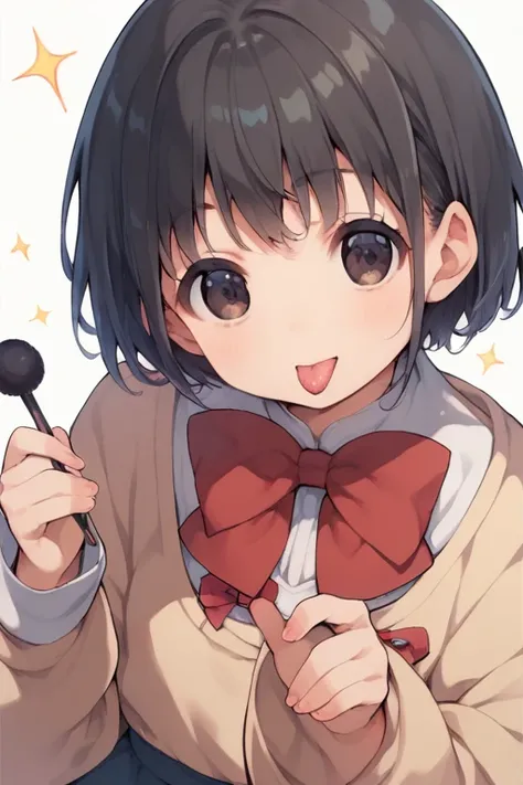  score_9,    score_8_ up・ザ・サイド ,    score_7_ up， score_6,    score_5_ up， score_4_ up， anime break，   VERY YOUNG GIRL LICKING SHORT STICKS ， cute,    chibi，Tiny,   has a magic wand   ,   Bob cut with skin dent,   Head with red bow ,    dark eyes，