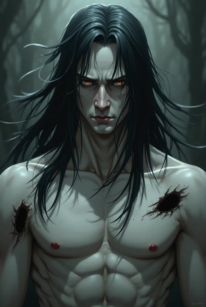 Make a man with long black hair, white skin and a hole in his shoulders like a bleach hollow., Anime style kinda monstrous appearance 