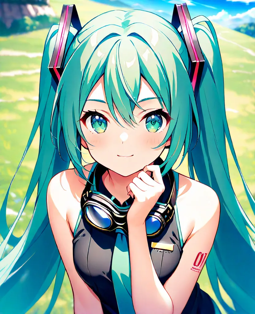 1girl, solo, long hair, twintails, very long hair, green eyes, green hair, day, goggles, goggles around neck, hatsune miku