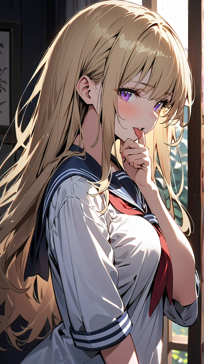 1 girl, alone, solo,
((Top Quality、High Resolution、highly detailed 8K wallpaper))

purple eyes, (long hair,blonde hair),medium boobs, Adult women ,mature,Sailor uniform,

natural lighting、looking a little sleepy while drinking miso soup。High school girl ho...