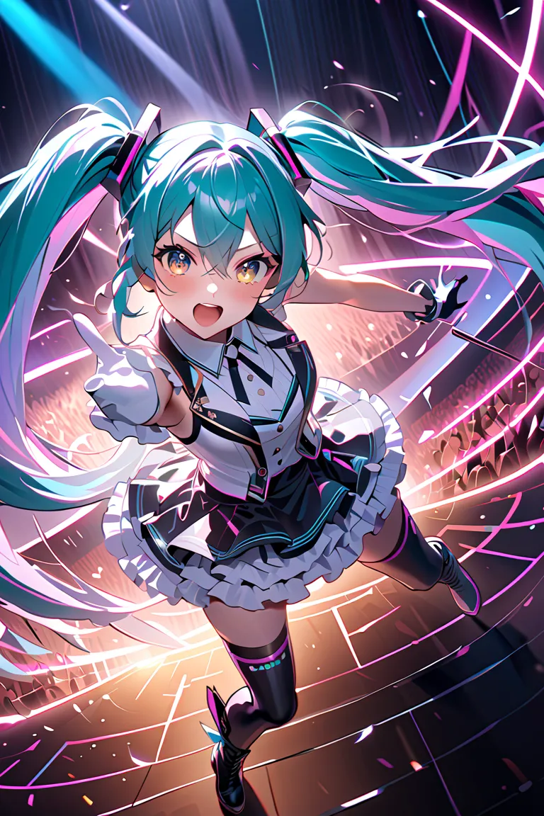  1girl ,(masterpiece, best quality, ultra-detailed, 8k, high resolution, highly detailed, intricate details, sharp focus, photorealistic lighting,  beautiful composition, cinematic lighting),  from above, high angle,   

*(A beautiful, Hatsune Miku,　(Beaut...