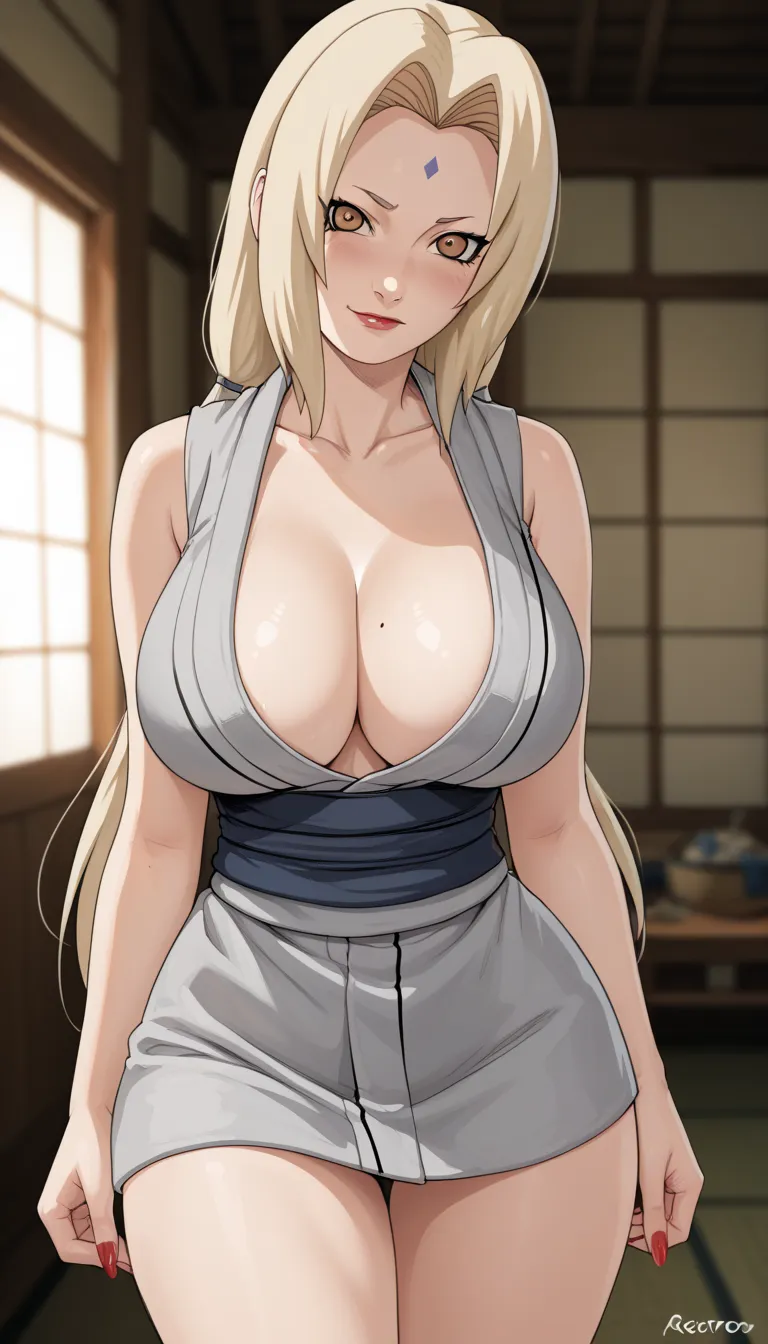 Tsunade Senju fron Naruto,Big breasts,Big hips,thin waist,Navy blue hair,in The room,((Anime style, 2D style, 2D drawing, 2D animation, pierrot style, naruto anime animation,Good lighting, good shadows, good light)),pov selfie ,Shy,With a lot of cleavage 