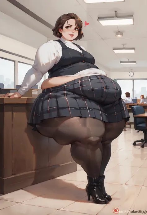 (1 girl, solo) () source_western, wide hips, obese, leaning over,(dark hair) (high heels), (asymmetrical bangs)(short hair, bob cut, dark hair, white turtleneck, long sleeves, black vest, plaid pleated skirt, black pantyhose, brown boots) (office backgroun...