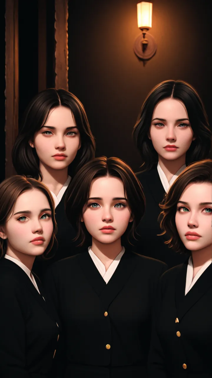 A group of five people, four women and a boy the people in black the white background around them a pentagon another realistic, cinematic, 8k, high detail, photorealistic, portrait, oil painting, dramatic lighting, chiaroscuro, Internal Scene, balanced com...