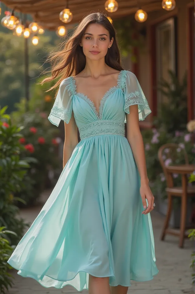 Create a dress to your taste for a 15th birthday party long cyan blue dress/midi and with sleeves 