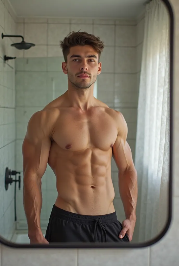 boy with a six-pack belly taking a picture in front of the mirror