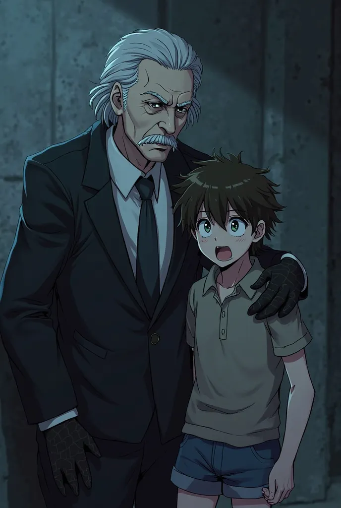 Two characters. Character 1: (old man, gray hair, mustache, fangs, black suit, white gloves, vampire). Character 2: (young man, polo, shorts, messy hair, frightened). Character 1 haunts Character 2, at night, anime.