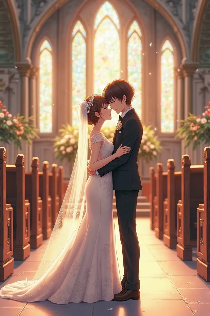 Anime girl with short brown hair dressed as a wedding with a silver tiara crown next to her husband in a black suit with smooth black hair at church 