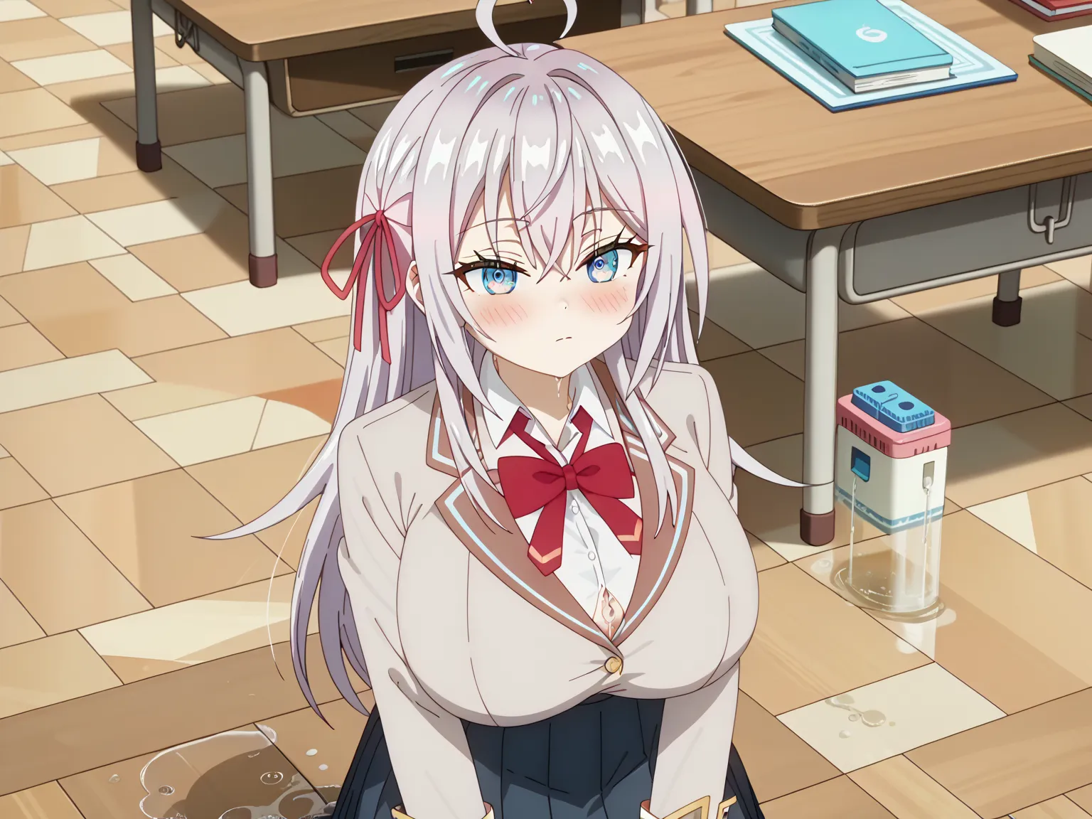 (UHD, retina, masterpiece, accurate, anatomically correct, super detail, high details,   highres,anime screencap, anime coloring:1.3)、(Alisa Mikhailovna Kujou:1.3)、(long hair, silver hair, ahoge, crossed bangs, red hair ribbon, sidelocks, blue eyes:1.3)、(v...